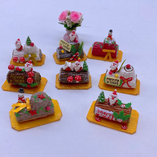8 pieces Miniature Log Cake 3D for Christmas Miniature Christmas Cake,Miniature Bakery