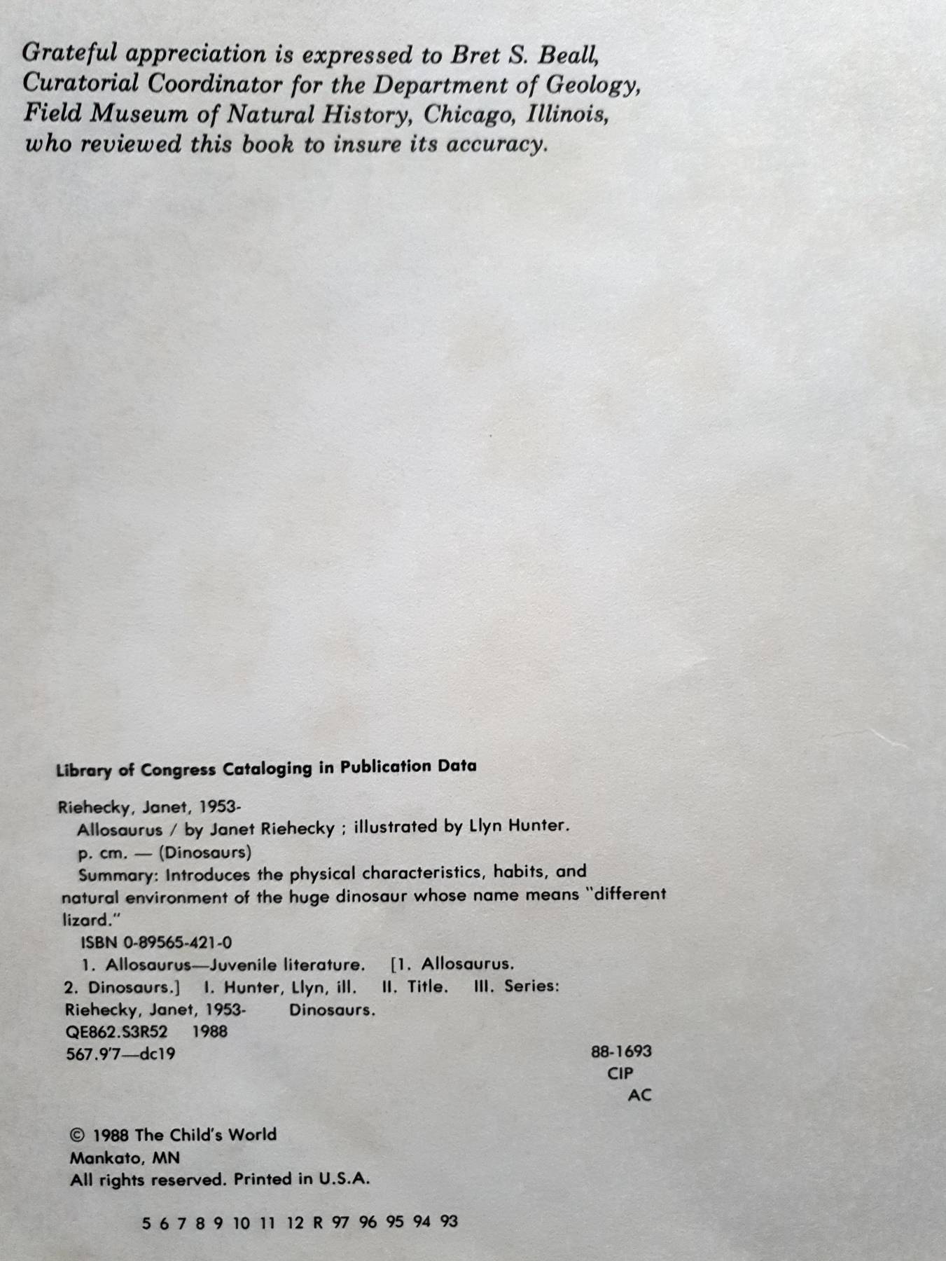 Allosaurus (Dinosaur Books) By The Child's World , 1988