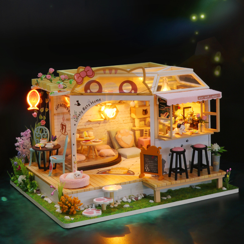 โมเดลจำลองร้านคาเฟ่ชุดHongda diy กระท่อมแมวกาแฟสวนหลังบ้านสร้างสรรค์บ้านหลังเล็กบ้านไม้ที่มีแสงของขวัญวันเกิดสามมิติ model