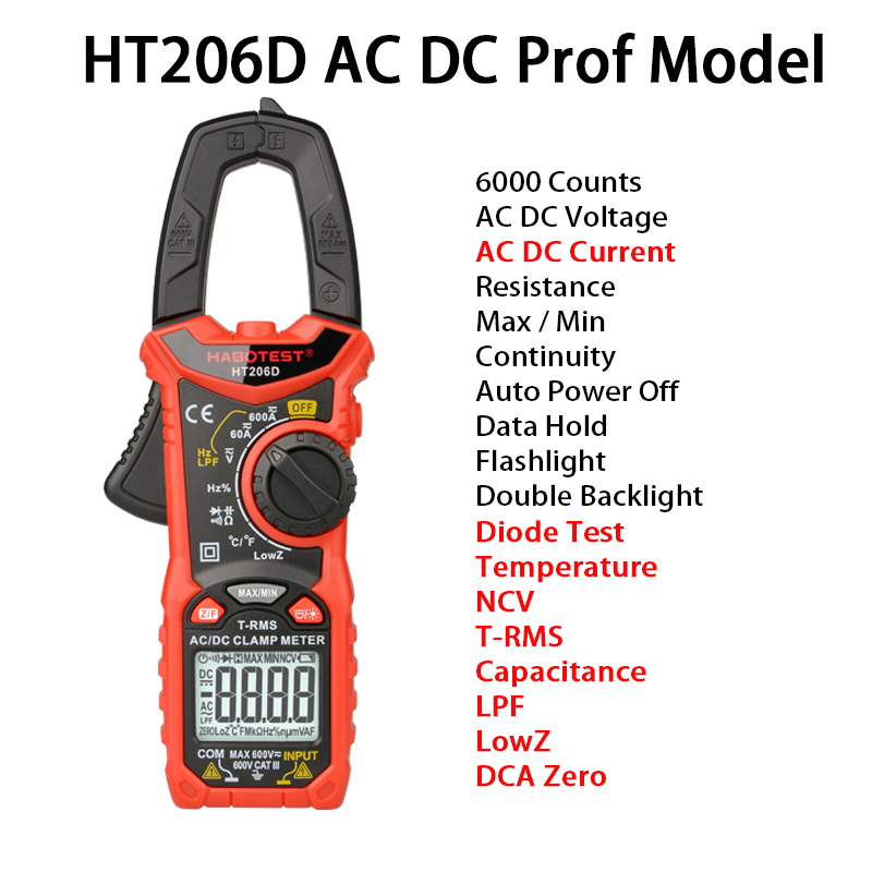 HT206D Digital Clamp Meter AC Current Voltage Resistance Continuity Measuring Tester