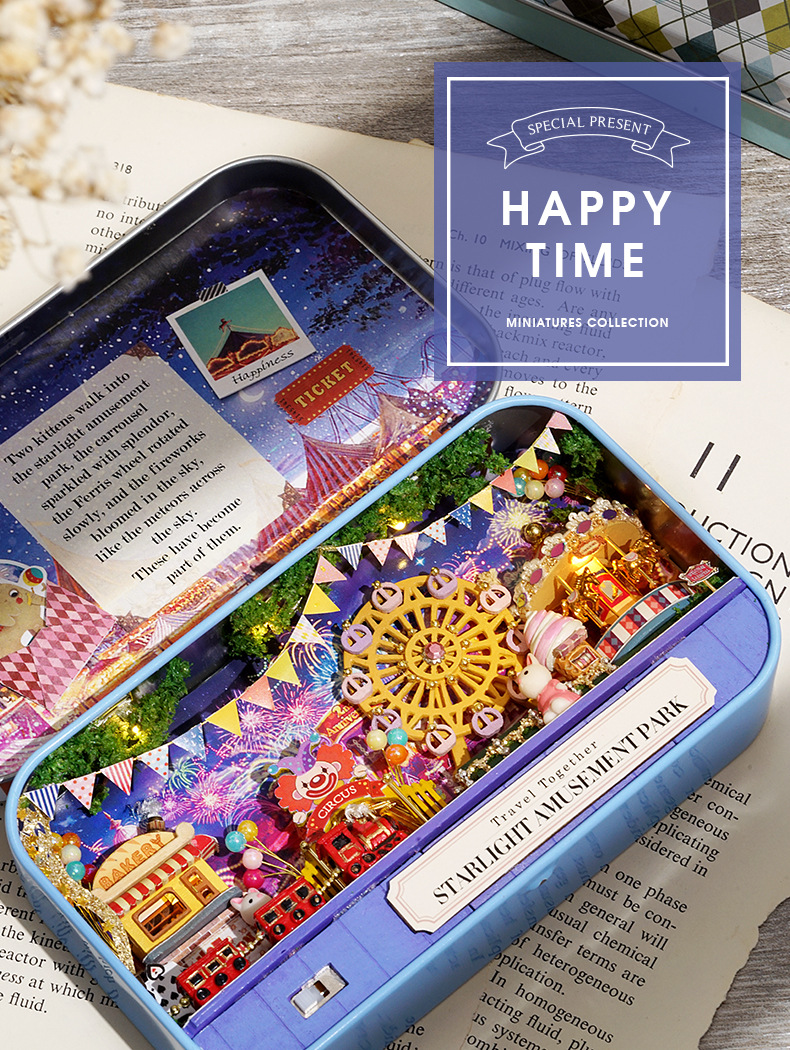 โมเดลกระท่อมจิ๋วงานกล่องเหล็กสีม่วงชุดแฮปปี้ไทม์Starlight amusement park เหมาะสำหรับนักประดิษฐ์และนักสะสมบ้านโมเดลโดยเฉพาะ