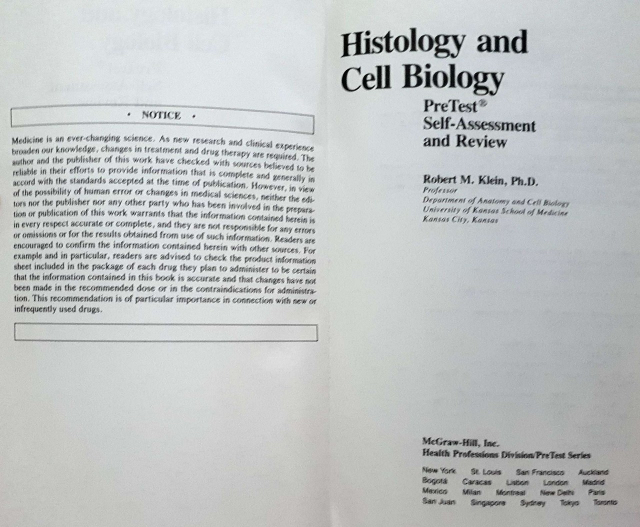 PRETEST HISTOLOGY & CELL BIOLOGY : Robert M. Klein
