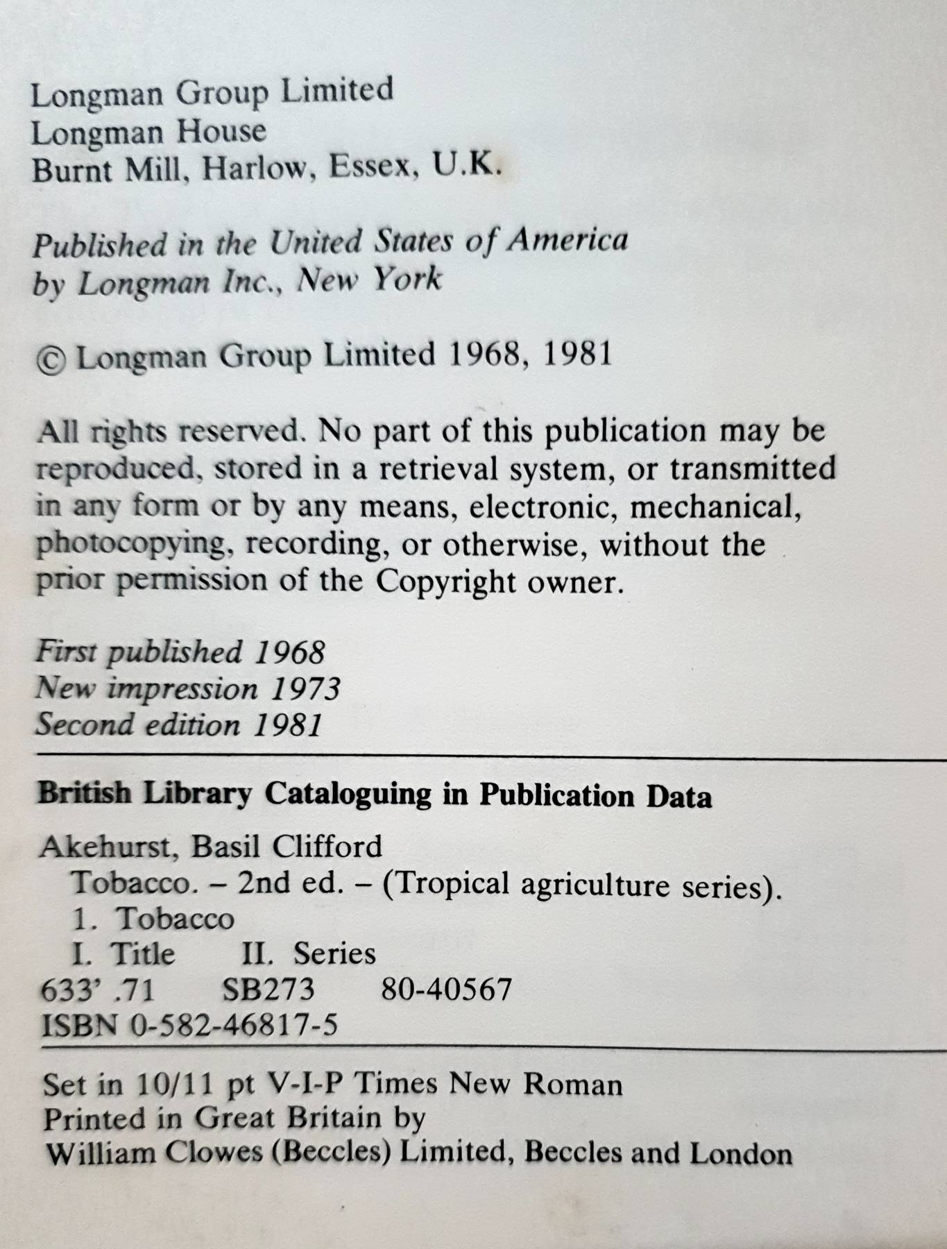 Tobacco (Tropical Agriculture Series) Subsequent Edition