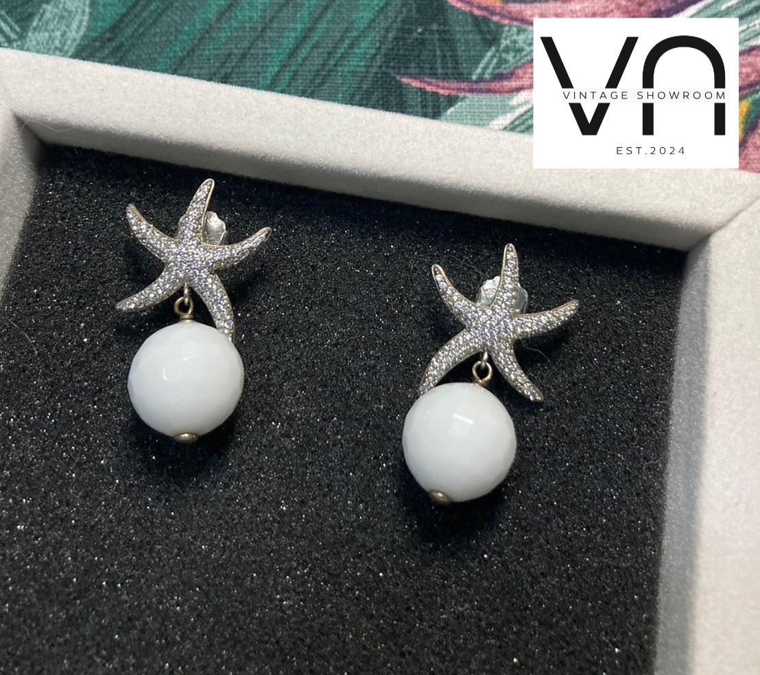 J00036 ต่างหูวินเทจ starfish with pearls Sterling Silver Earring Vintage Earrings