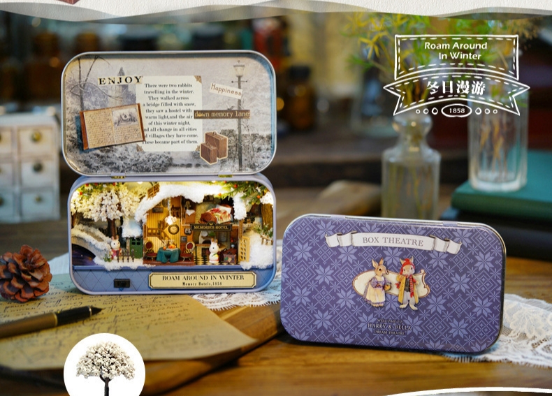 โมเดลจำลองบ้านกระท่อมจิ๋วกล่องเหล็กสีม่วงสำหรับนักสะสมและนักdiyชุดRoam around in winter