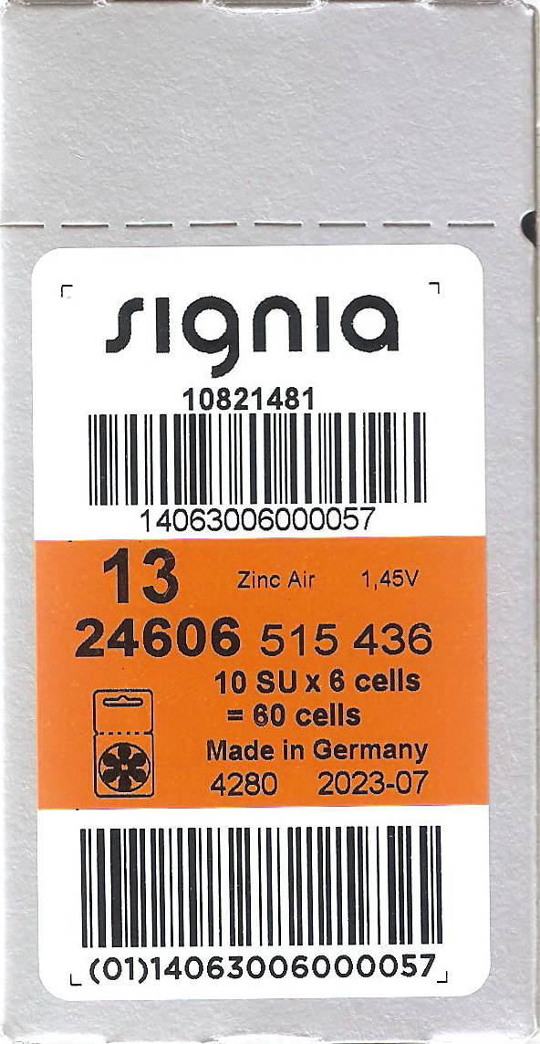 ถ่านเครื่องช่วยฟัง 13(สีส้ม)สดใหม่ ไฟเต็ม ของแท้