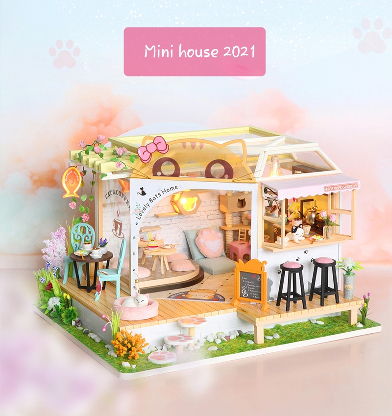 โมเดลจำลองรุ่นใหม่แห่งปี 2021ชุดMODEL CAT IN LOVE minihouseสัตว์เลี้ยงแมวร้านกาแฟ Hongda DIY ของเล่นทำด้วยมือ Cabin สามมิติประกอบปริศนา Creative House ของขวัญวันเกิด