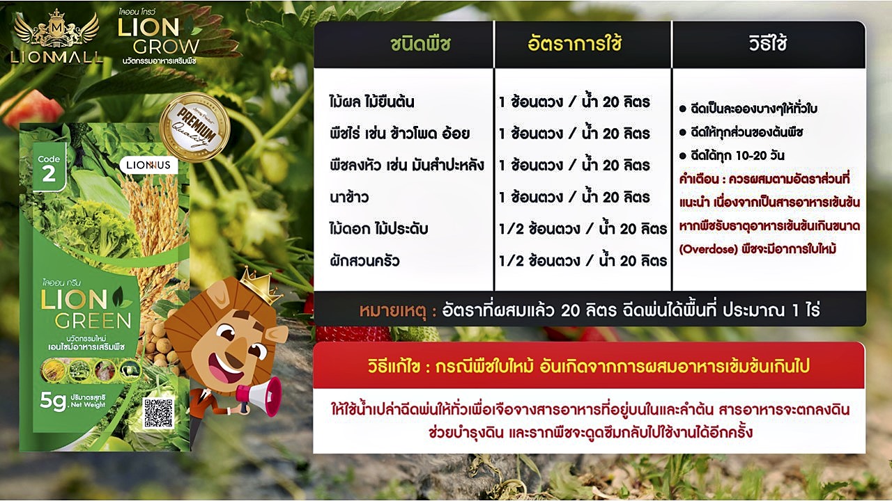 Lion Green + Lion Grow นวัตกรรมอาหารเสริม บำรุงพืชจากธรรมชาติ ช่วยลดต้นทุน เพิ่มผลผลิต และปลอดภัยต่อสิ่งแวดล้อม
