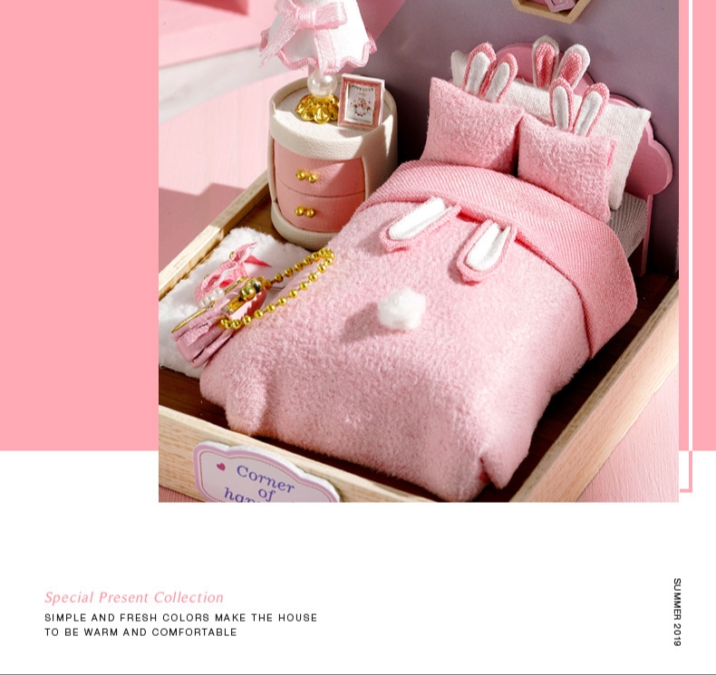 โมเดลจำลองบ้านตุ๊กตาจิ๋วสีชมพูสำหรับสายหวานแบบจำลองห้องนอนrabbit pink girl