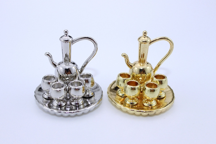 ชุดน้ำชาจิ๋วงานสแตนเลสสีเงินสำหรับนักสะสมของจิ๋วDOLLHOUSE อาหารขนาดเล็ก play ฉากตุ๊กตาบ้านอุปกรณ์เสริม mini disc ชุดชา