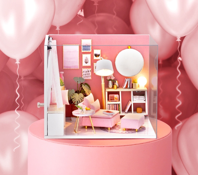 โมเดลห้องนั่งเล่นจำลองพร้อมโซฟาสีชมพูแสนหวานDINING IN THE DREAM