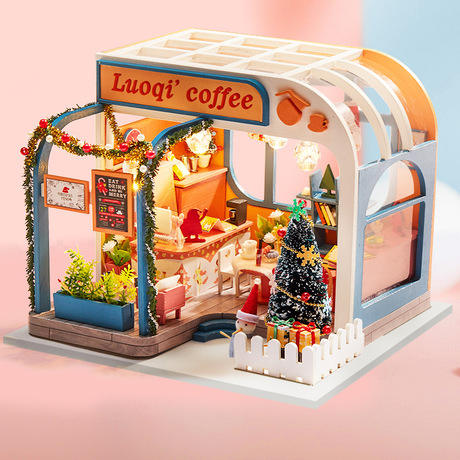 โมเดลจำลองร้านกาแฟสไตล์คลาสสิคLuoqi coffeeสำหรับนักประดิษฐ์และผู้รักการสะสมบ้านจำลอง
