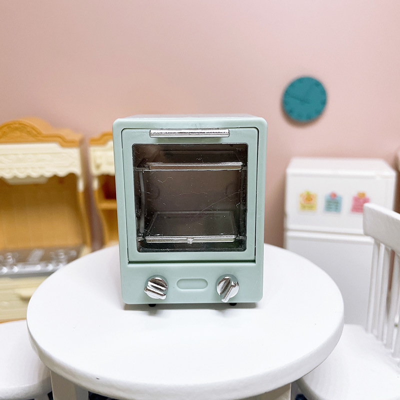 เตาอบจิ๋วสีฟ้าสำหรับงานสะสม1:12 Dollhouse Kitchen Miniature Food Play Model European Style Kitchen Furniture Vertical Electric Oven
