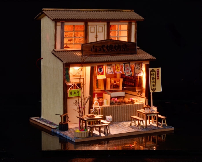 โมเดลจำลองร้านบาร์บีคิวโบราณจิ๋วสไตล์จีนญี่ปุ่นสำหรับนักDIYงานdollhouse BBQ MODEL BEST WOOD