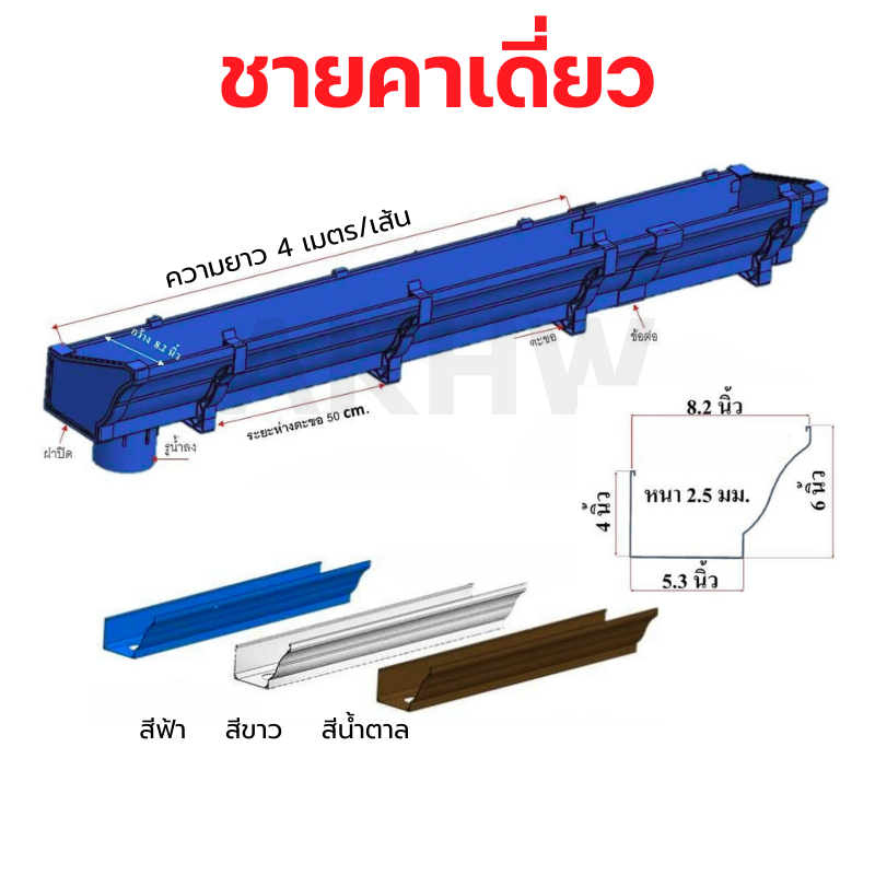 รางน้ำสำเร็จรูปพีวีซี PVC ชายคาเดี่ยว/ชายคาคู่ สีฟ้า/สีขาว/สีน้ำตาล ความยาว 4 เมตร [ขายขั้นต่ำ10เส้น]
