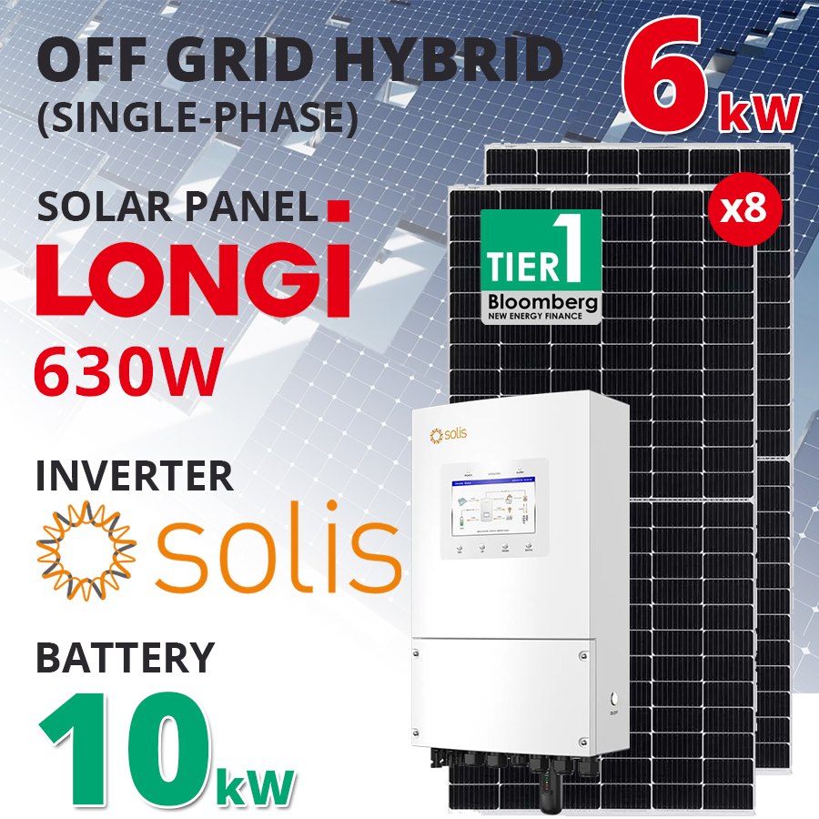 ชุดโซล่าเซลล์ Hybrid Off Grid Solis Inverter 6kW แบตเตอรี่ 10kWh