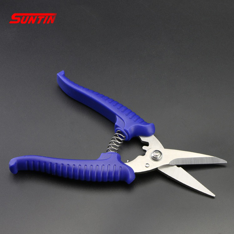 กรรไกรฟันเลื่อย SUNTIN ขนาด 7 นิ้ว ด้ามน้ำเงิน สำหรับตัดสายไฟขนาดเล็ก สังกะสี โลหะบาง [ขายส่ง]