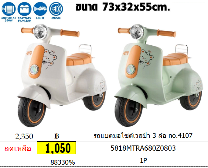 รถแบตมอไซต์เวสป้า 3 ล้อ no.4107 รถแบตเด็กนั่ง รถเวสป้าเด้กนั่ง