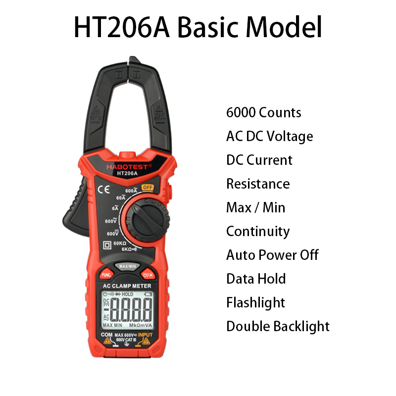 HT206A Digital Clamp Meter AC Current Voltage Resistance Continuity Measuring Tester