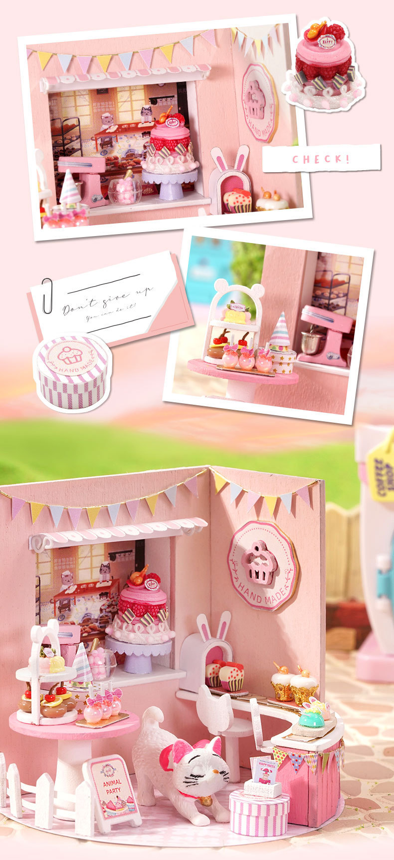 โมเดลจำลองร้านค้าสีชมพูแสนหวานเบเกอรี่ขนาดเล็กขนาดจิ๋วสำหรับผู้ที่รักการสะสม