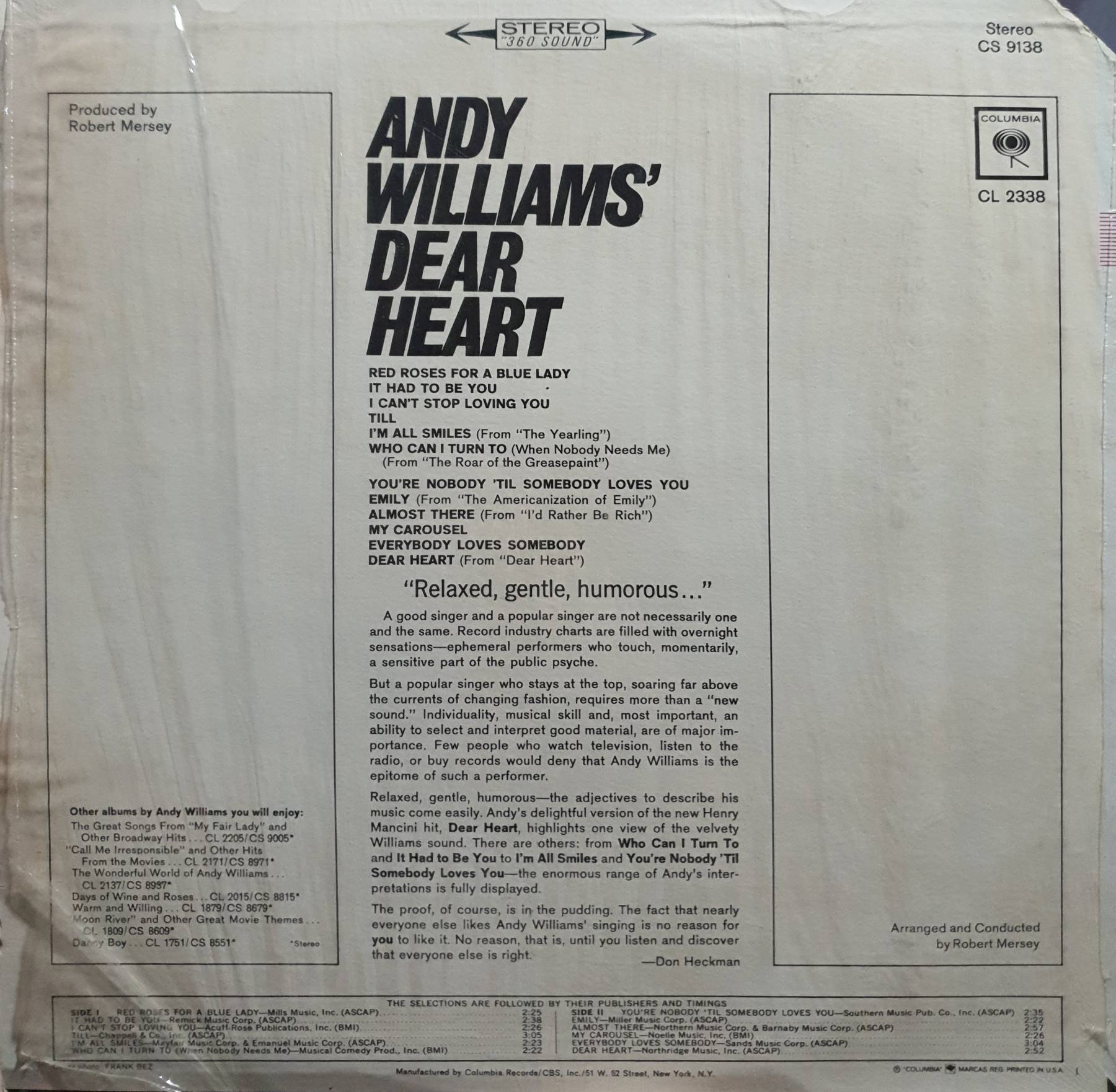 LP, Vinyl, Album Dear Heart (1960s), Andy Williams