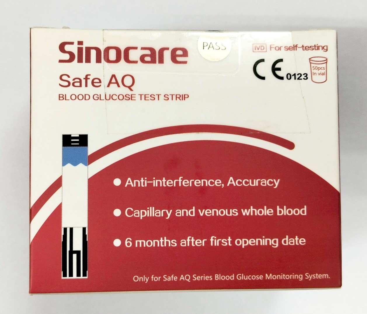 แผ่นตรวจน้ำตาลในเลือด รุ่น Sinocare Safe AQ บรรจุ 50 ชิ้น-สีแดง