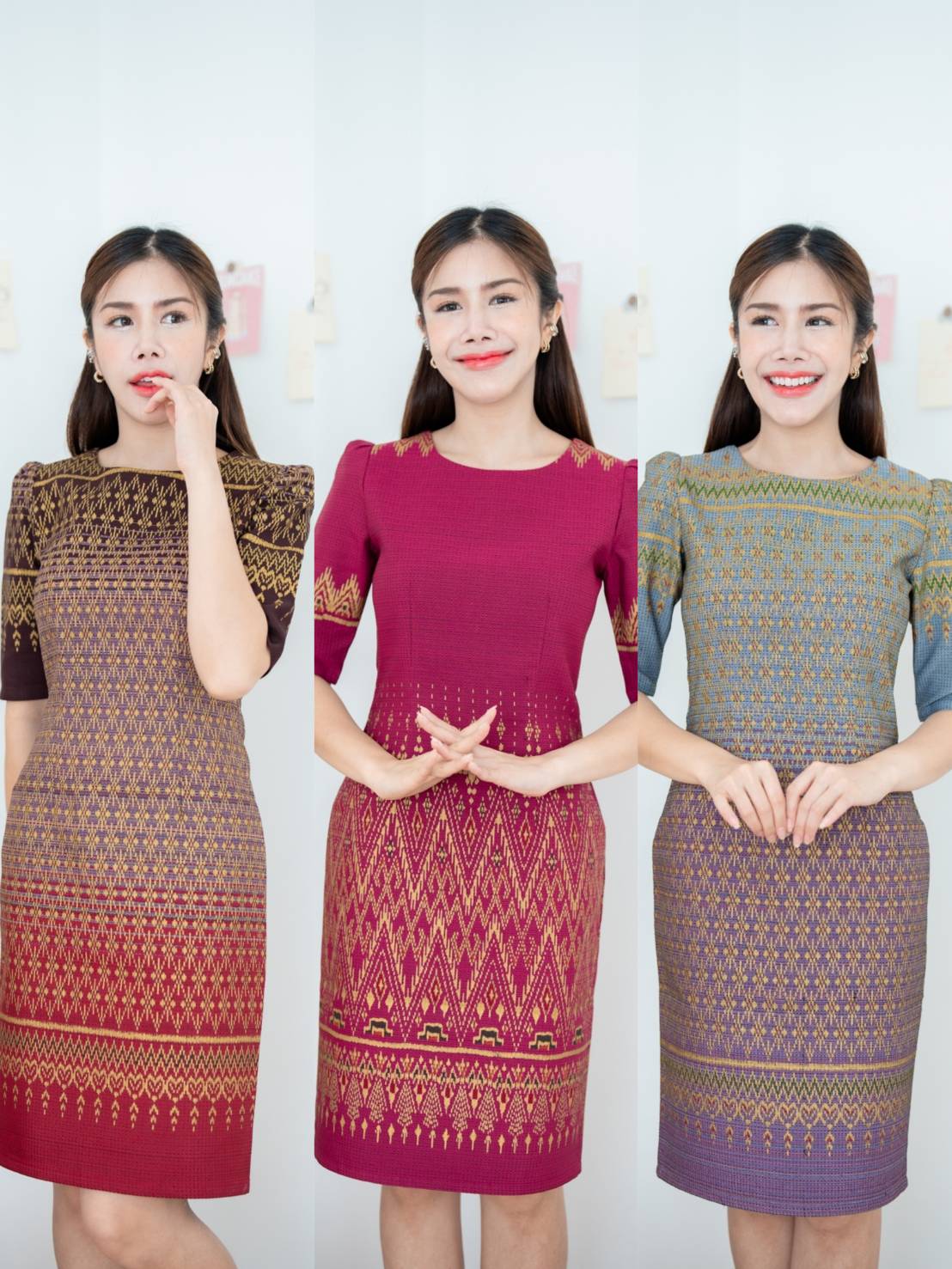 ชุดศรียา ผ้าทอลพบุรีพิมพ์ทอง อัดกาวทั้งชุด แถมแมสเข้าชุดฟรี!!