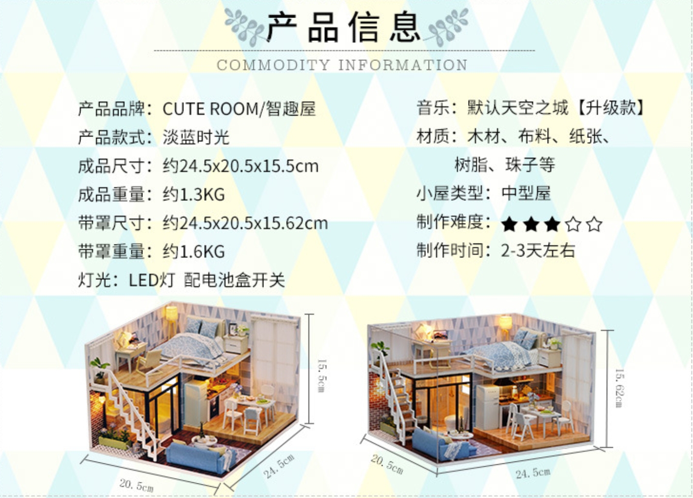 บ้านจำลอง2ชั้นสไตล์ญี่ปุ่นธีมสีฟ้าสำหรับนักประดิษฐ์และนักสะสมโมเดลยอดฮิต