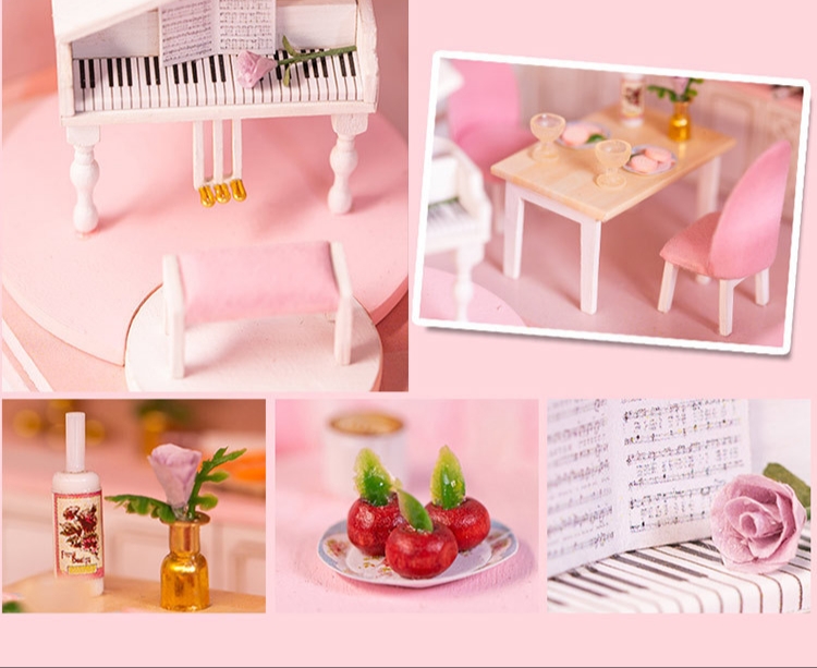 โมเดลบ้านตุ๊กตาจำลองในชุดKnow me DIY Cottage Dream Girl Heart ด้วยแกรนด์เปียโนสีขาวหรูหราสง่างามดั่งเจ้าหญิง