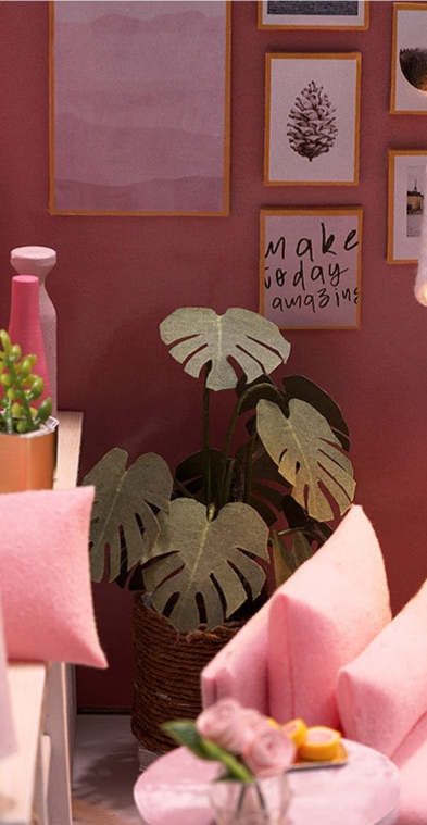 โมเดลห้องนั่งเล่นจำลองพร้อมโซฟาสีชมพูแสนหวานDINING IN THE DREAM