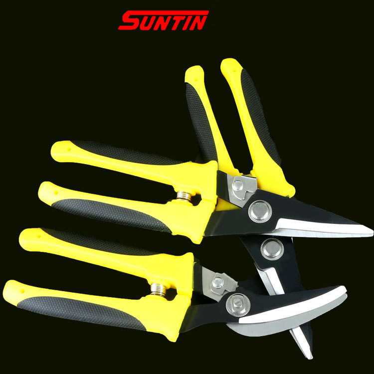 กรรไกรตัดอเนกประสงค์ ปากตรง ปากโค้ง SUNTIN ขนาด 8 นิ้ว ด้ามเหลืองดำ สำหรับ สำหรับตัดซีลาย สังกะสี อลูมิเนียม[ขายส่ง]