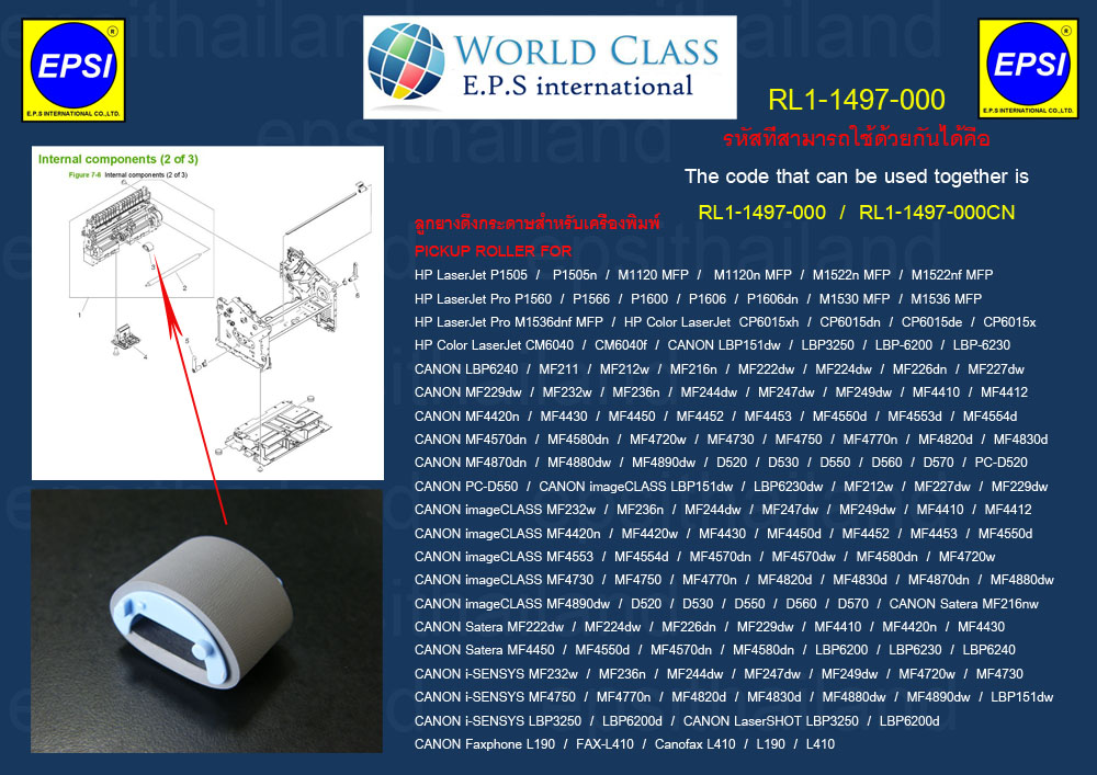 HP/CANON RL1-1497-000 ลูกยางดึงกระดาษ PICK UP ROLLER FOR HP P1505-P1566/P1600-P1606/M1120/M1522/M1536/CP6015/CM6040/CANON LBP151/3250/6200/6230/6240/MF211/MF212/MF216/MF222-229/MF232-MF249/MF441-MF4890/D520-D570 500 กรัม