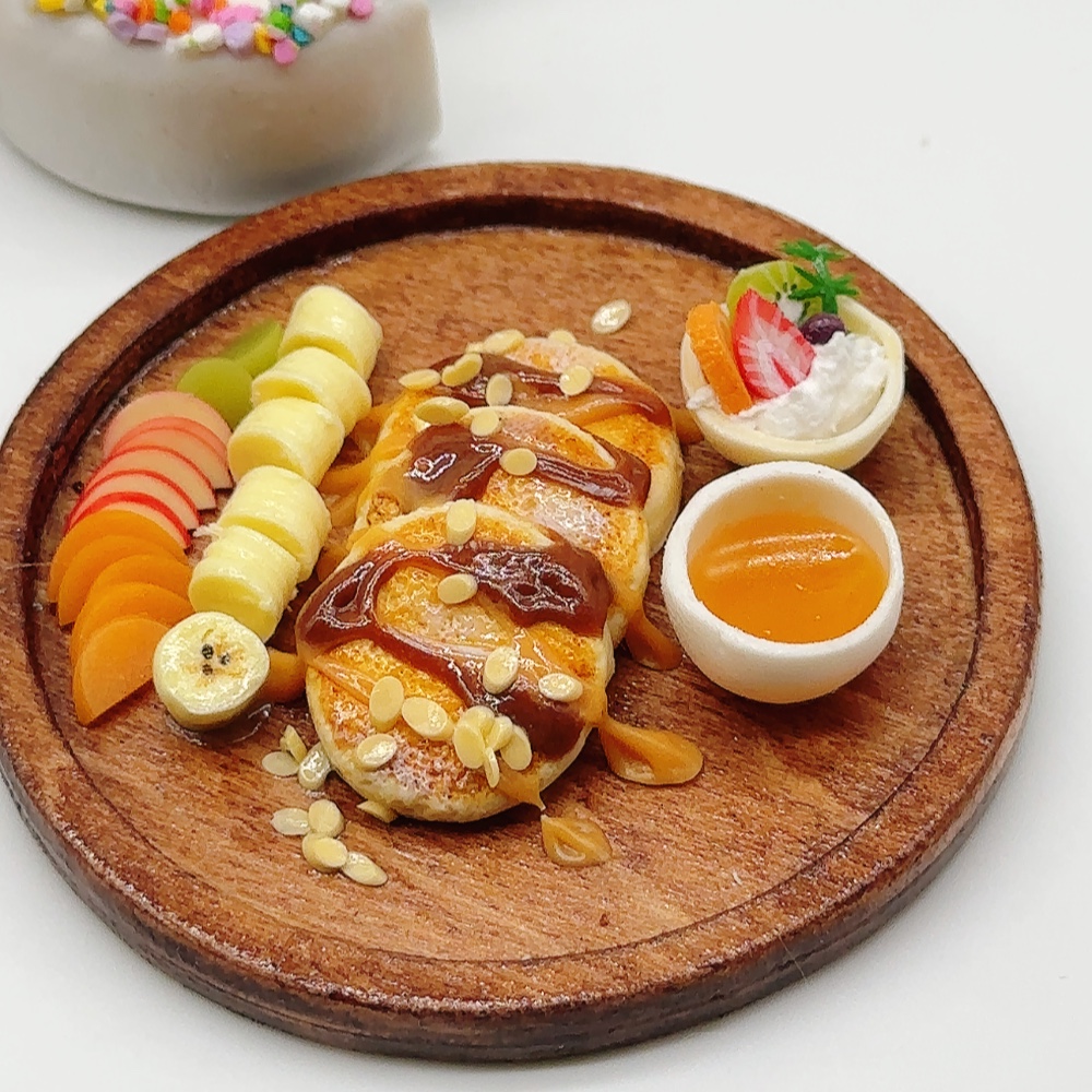 Pancake mixed fruit on wooden tray 65 mm., Miniature Fake Food made Thai clay
