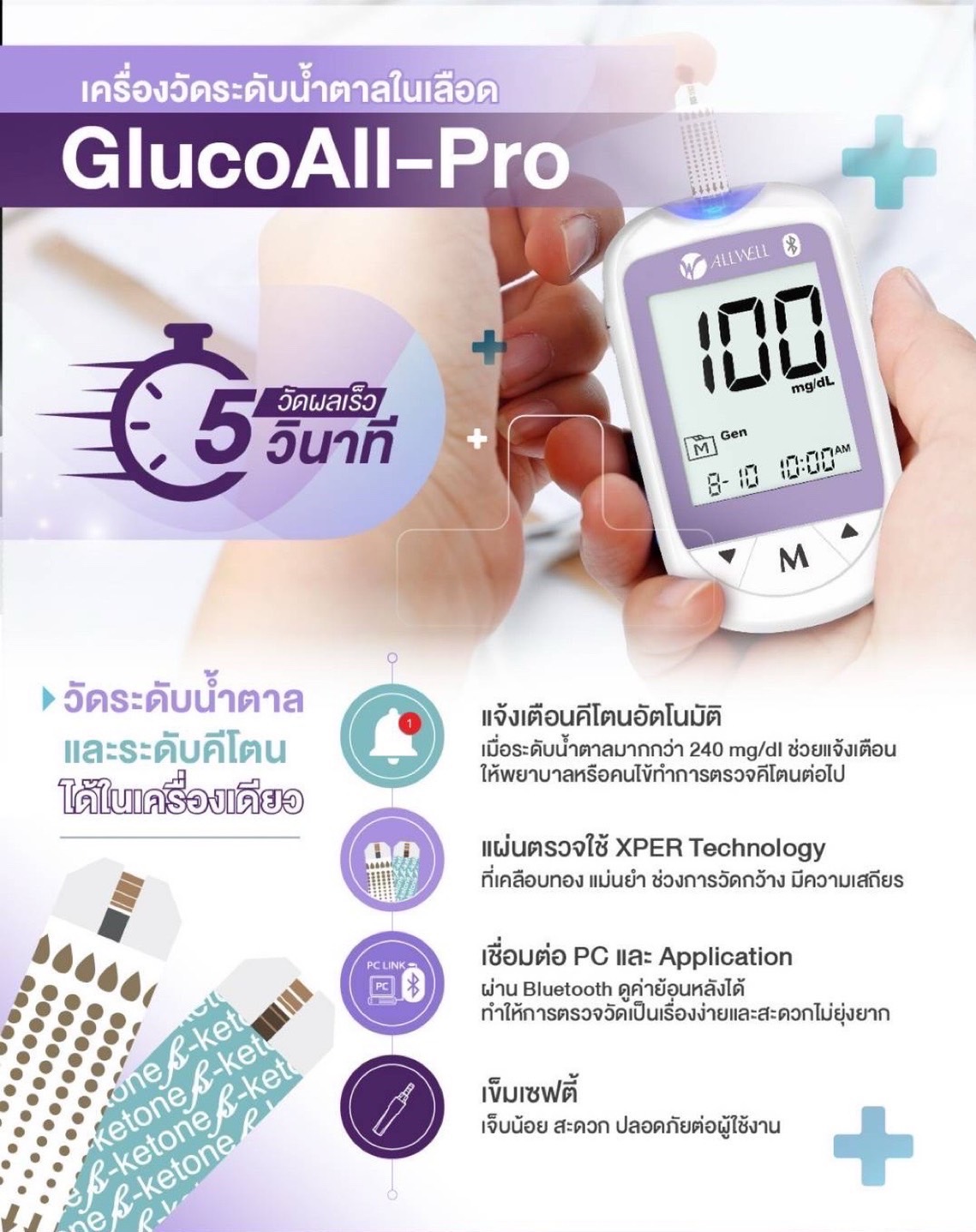 แผ่นตรวจวัดระดับน้ำตาลในเลือด ALLWELL GlucoAll-pro 1กล่อง 50แผ่น