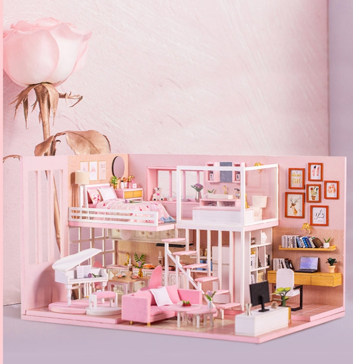โมเดลบ้านตุ๊กตาจำลองในชุดKnow me DIY Cottage Dream Girl Heart ด้วยแกรนด์เปียโนสีขาวหรูหราสง่างามดั่งเจ้าหญิง