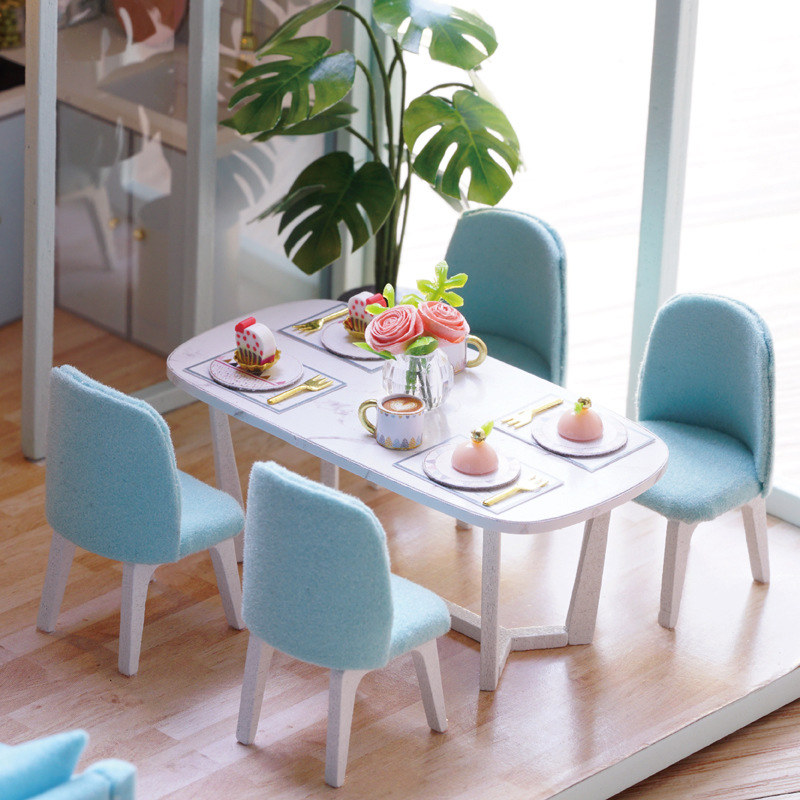 บ้านจำลองสีฟ้าใสแบบใหม่ DIY กระท่อมบทกวีชีวิตพร้อมฝาครอบมือประกอบแบบบ้านสร้างสรรค์ของขวัญวันเกิดคริสต์มาส