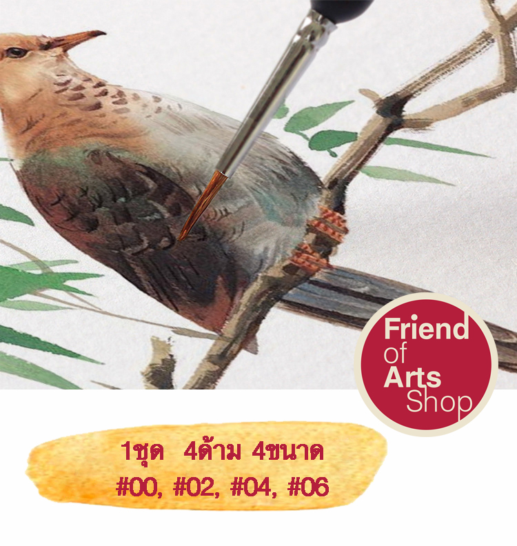 พู่กัน ชุด4ด้าม ปลายแหลม ขนาดเล็กพิเศษ #00, #2,#4, #6 สำหรับสีน้ำ สีอะคริลิก สีโปสเตอร์ สีน้ำมัน