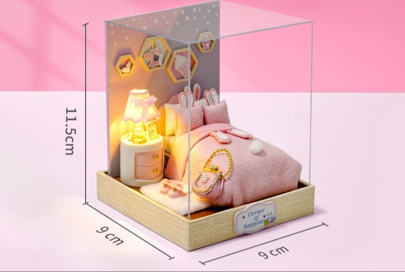โมเดลจำลองบ้านตุ๊กตาจิ๋วสีชมพูสำหรับสายหวานแบบจำลองห้องนอนrabbit pink girl