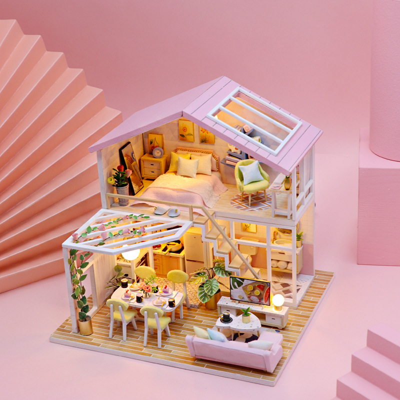 โมเดลบ้านสองั้นสีชมพูHongda DIY Cabin MINI Handmade House รุ่นปริศนาปริศนาของขวัญวันเกิดบล็อกตัวต่อของเล่น INS ลมเวลา