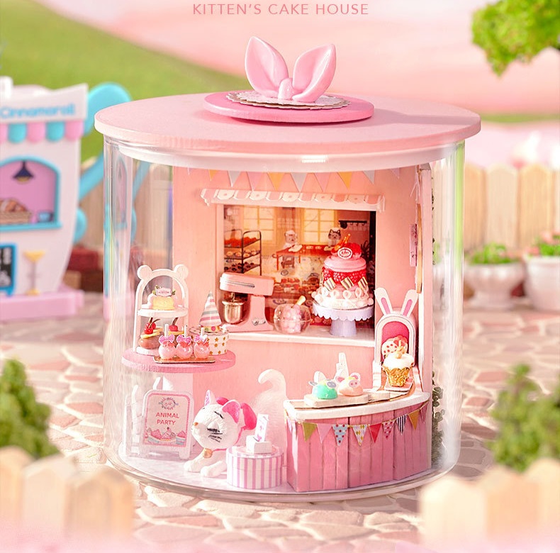 โมเดลจำลองร้านค้าสีชมพูแสนหวานเบเกอรี่ขนาดเล็กขนาดจิ๋วสำหรับผู้ที่รักการสะสม