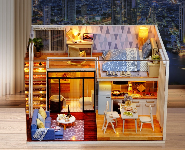 บ้านจำลอง2ชั้นสไตล์ญี่ปุ่นธีมสีฟ้าสำหรับนักประดิษฐ์และนักสะสมโมเดลยอดฮิต