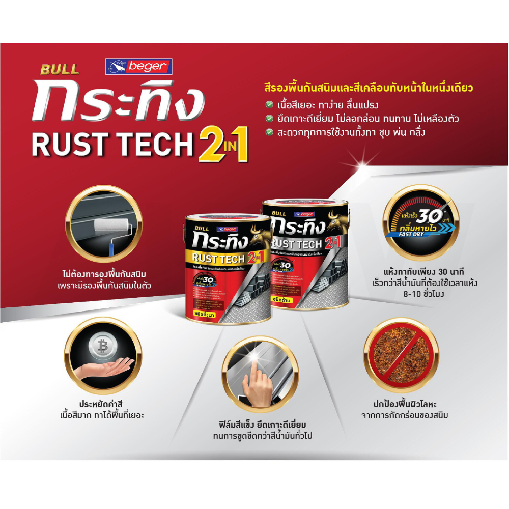 สีน้ำมันกระทิง รัสท์เทค 2in1 สีรองพื้นกันสนิมและสีเคลือบทับหน้า ชนิดด้าน [ขายปลีก/ส่ง ราคาถูก]