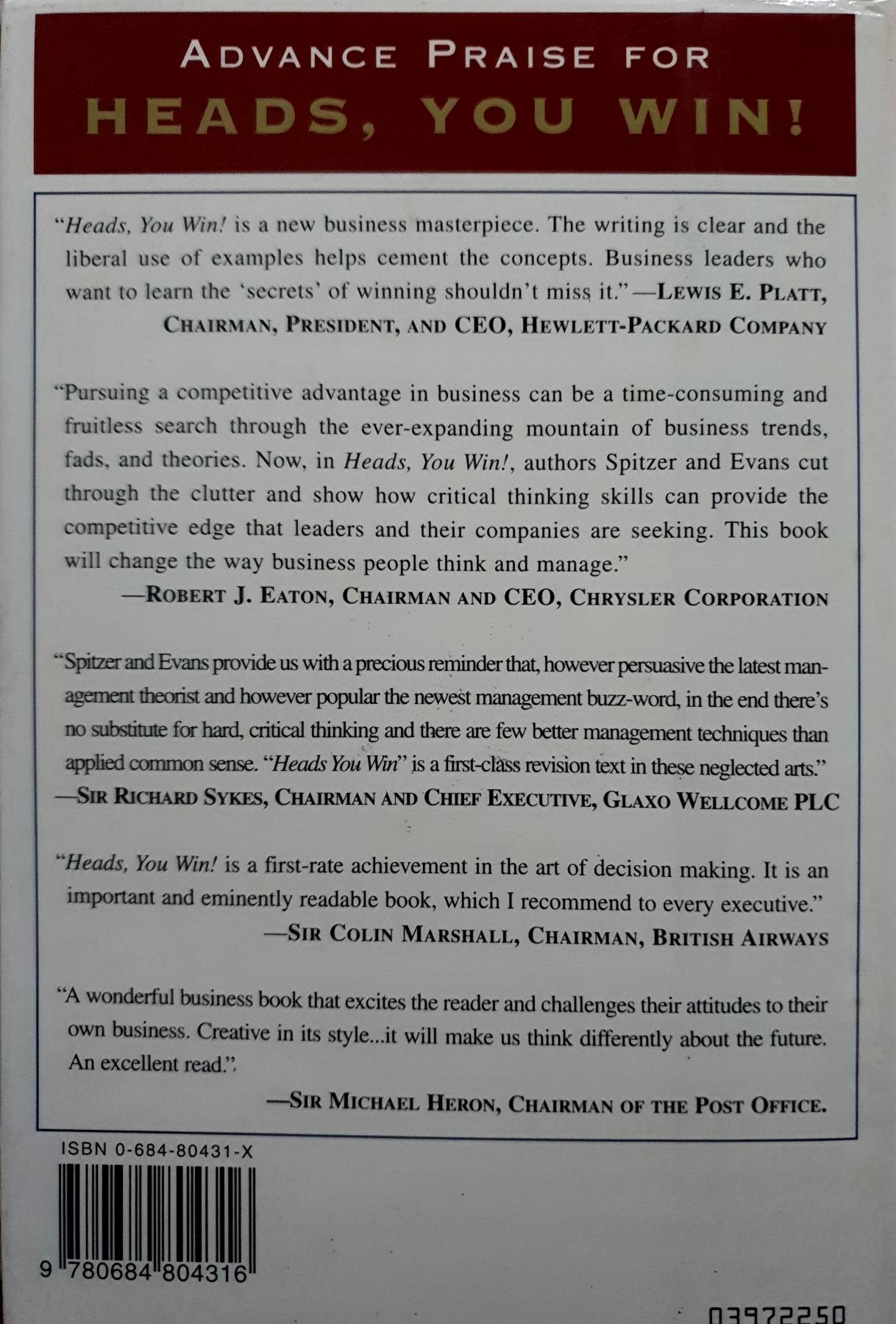 HEADS YOU WIN : How the Best Companies Think (Hardcover) – by Quinn Spitzer, Ron Evans