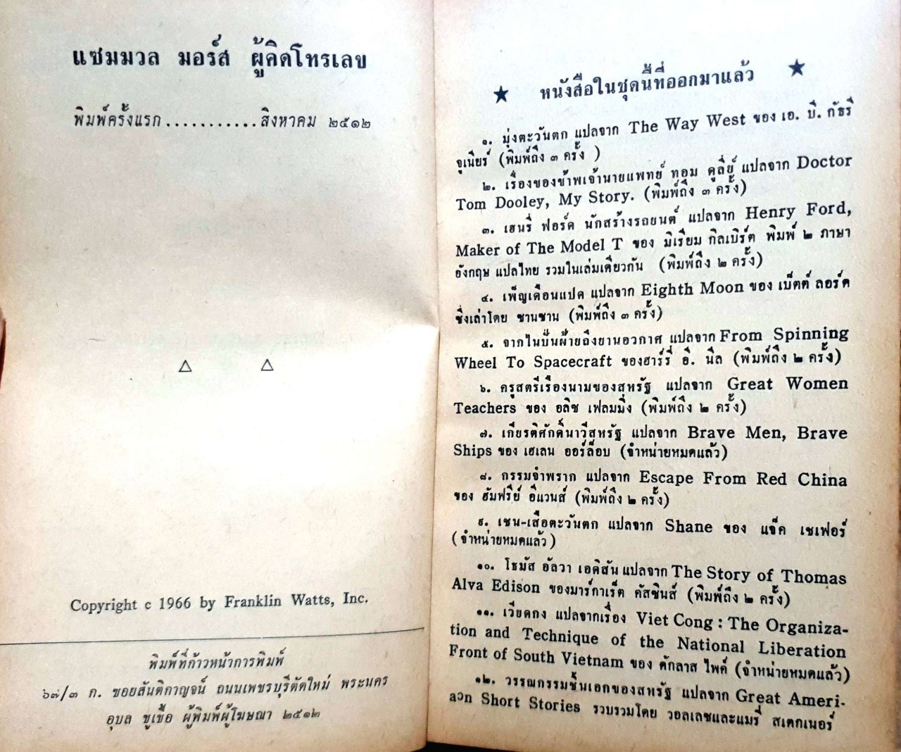 หนังสือแปลชุดเสรีภาพ เล่มที่27 แซมมวล มอร์ส ผู้คิดโทรเลข (Samuel Morse and the Electronic Age) พิมพ์ปี 2512