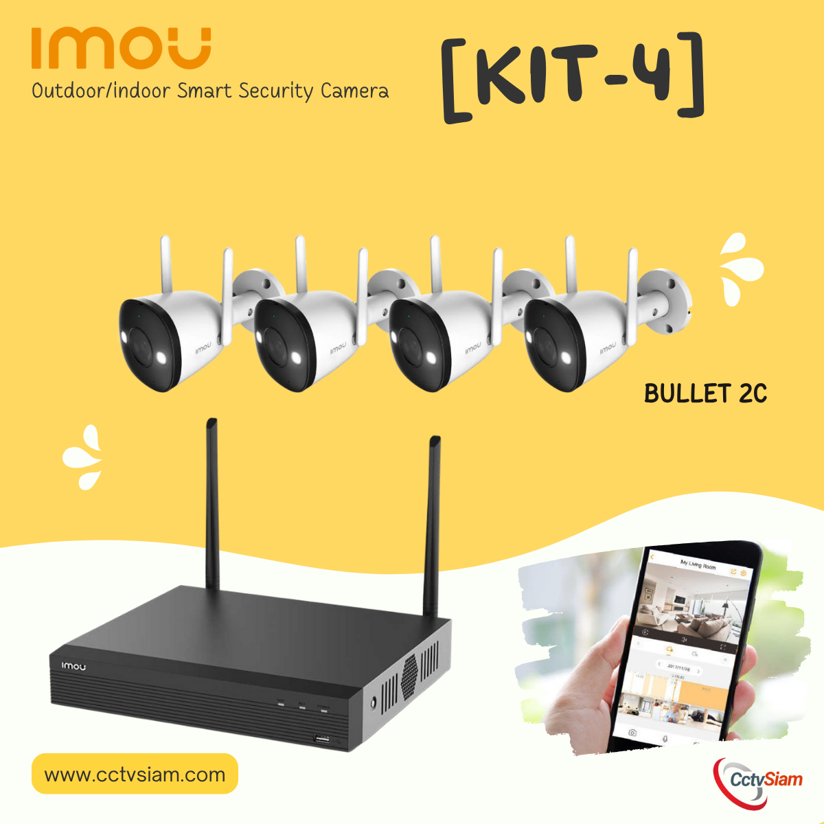 KIT4 l ชุดกล้อง WiFi IMOU Bullet 2C + NVR 4 CH l ติดตั้งเองได้ง่าย พร้อมใช้งานทันที (DIY ติดตั้งเอง)