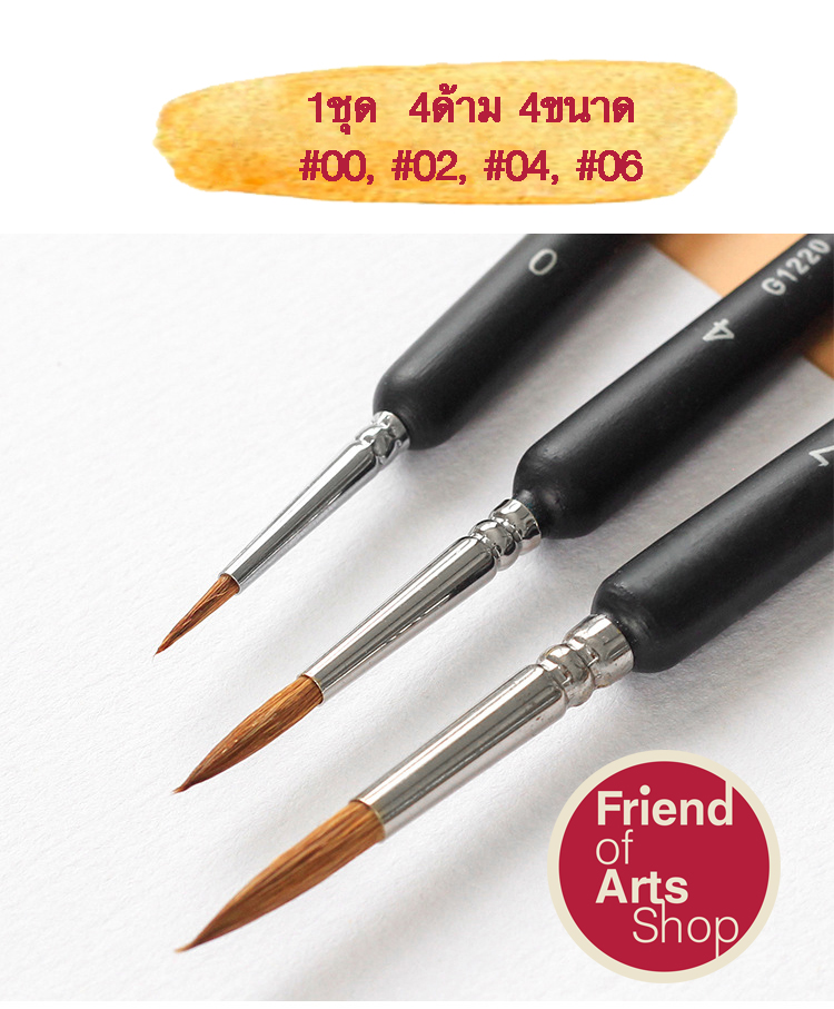 พู่กัน ชุด4ด้าม ปลายแหลม ขนาดเล็กพิเศษ #00, #2,#4, #6 สำหรับสีน้ำ สีอะคริลิก สีโปสเตอร์ สีน้ำมัน