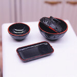 ถาดจิ๋วสี่เหลี่ยมโค้งมนสีดำขอบแดงงานประดับญี่ปุ่นสำหรับใส่อาหารญี่ปุ่นจานจิ๋วจากดินปั้นจิ๋ว