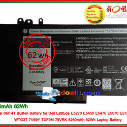 แบตเตอรี่แท้ Original - 6MT4T Battery For Dell Latitude E5270 E5450 E5470 E5570 E5750 Pricision 3510 7V69Y 07V69Y TXF9M 79VRK 8260mAh 62Wh Laptop Battery