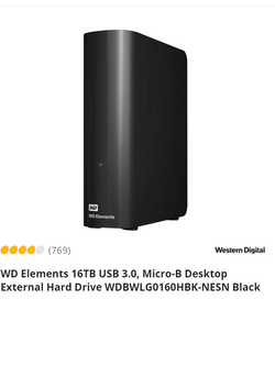 WD Elements 16TB USB 3.0, Micro-B Desktop External Hard Drive WDBWLG0160HBK-NESN Black