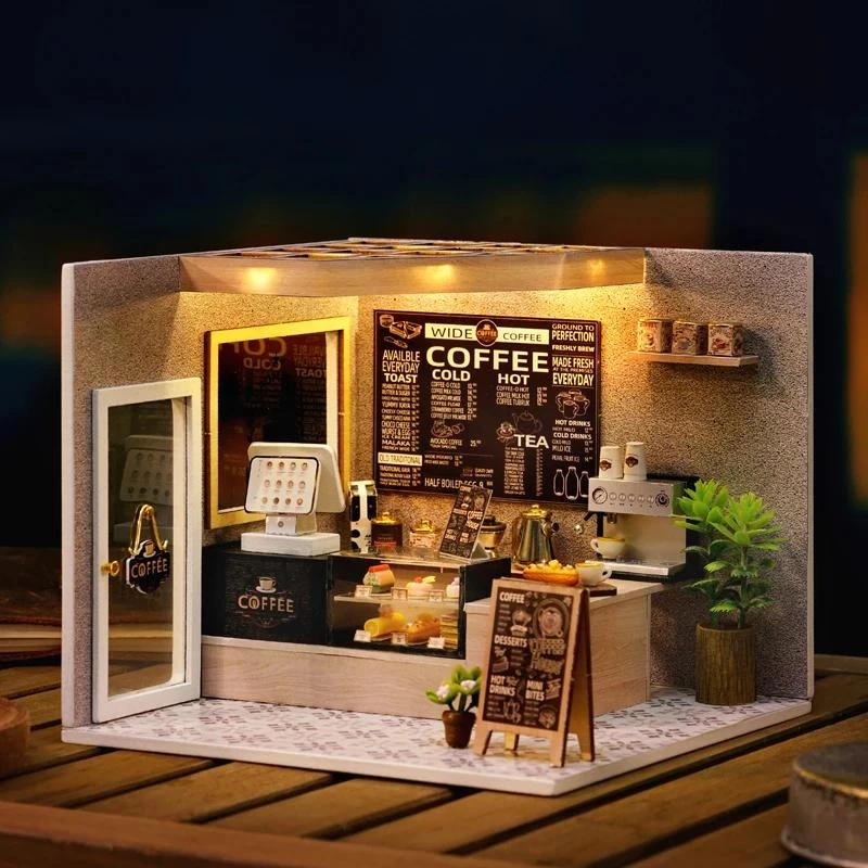 โมเดลบ้านจำลองร้านคาเฟ่ชุดกระท่อม hand-assembled ไม้ของเล่นรุ่น miniature 3d สามมิติปริศนา boy's day ของขวัญ